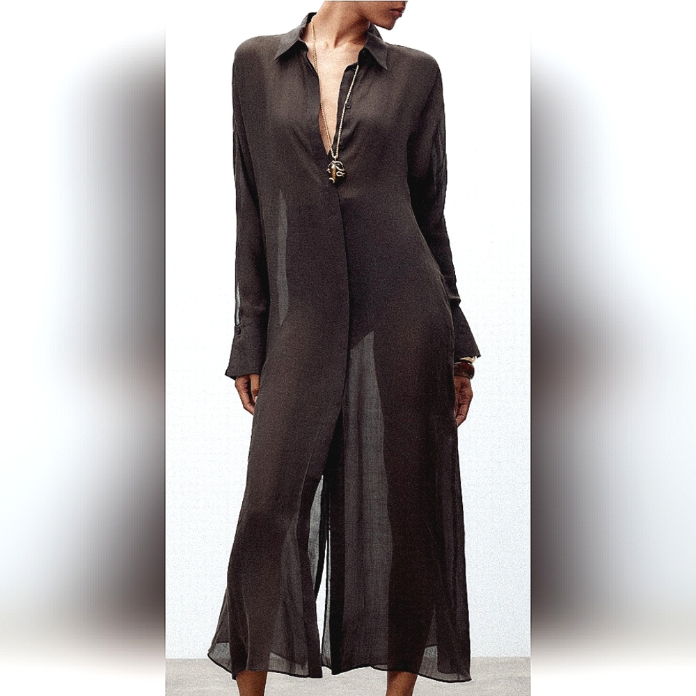 ZARA ZW Collection Brown Ramie Tunic Dress Sheer NWT Size XL NEW